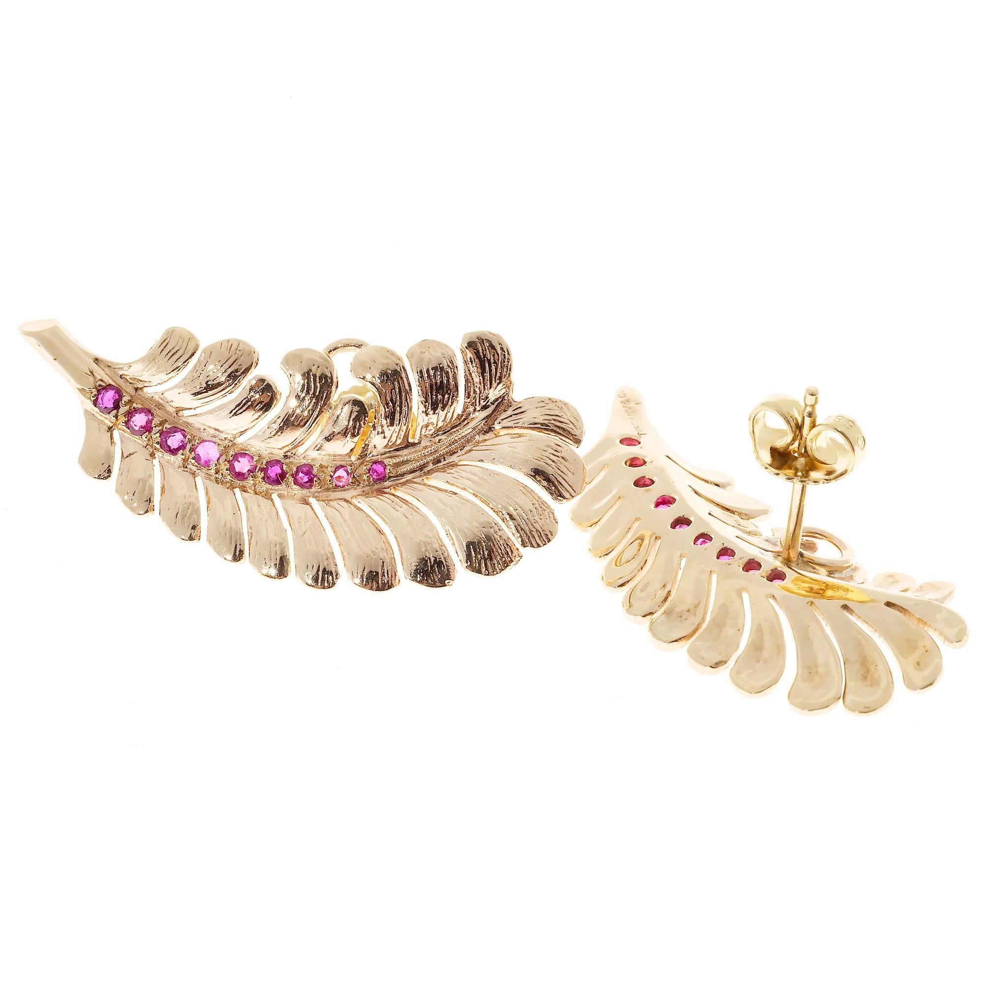 Tiffany & Co. Ruby Gold Feather Motif Earrings 2
