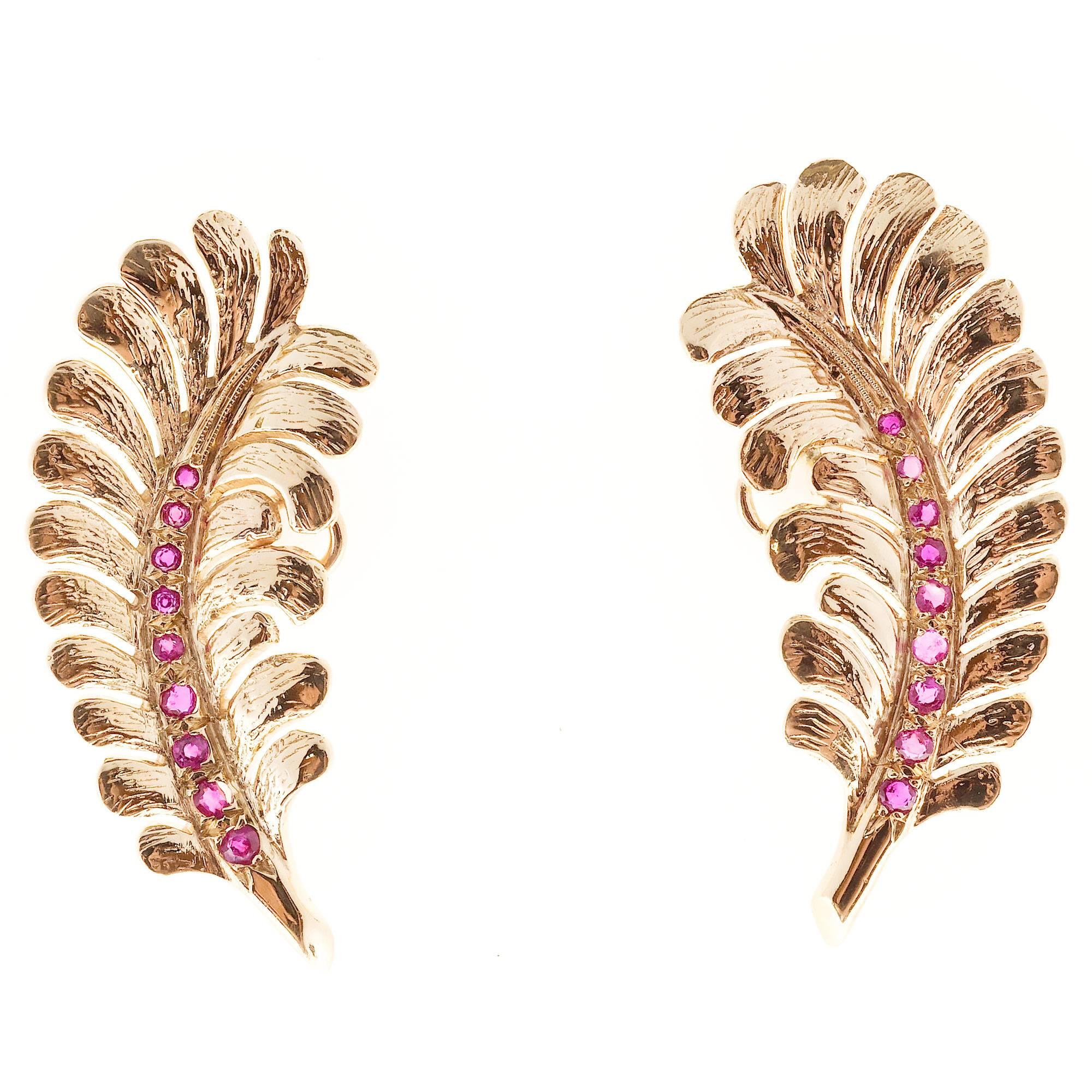 Women's Tiffany & Co. Ruby Gold Feather Motif Earrings