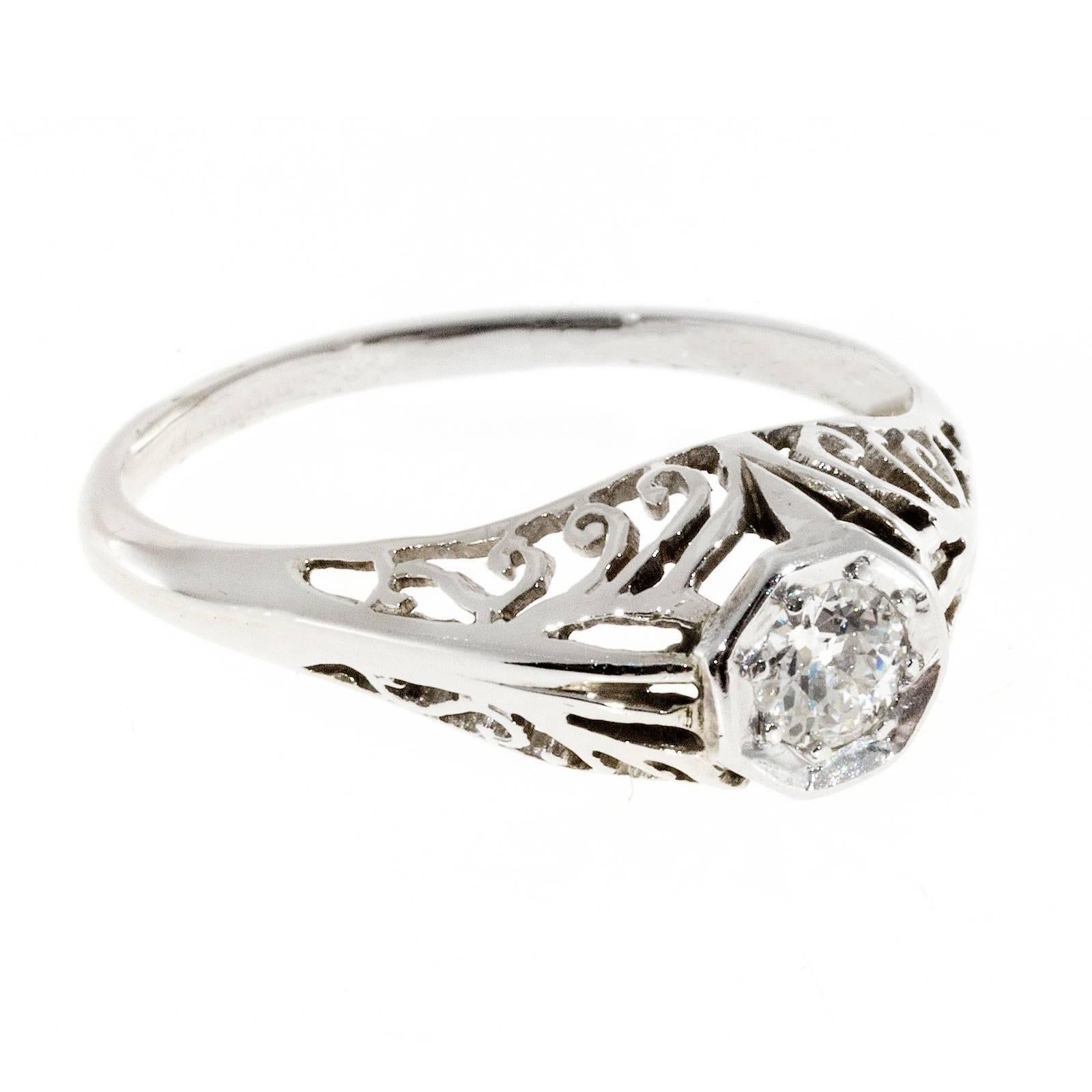 Art Deco Filigree Diamond Brilliant European Cut Gold Engagement Ring