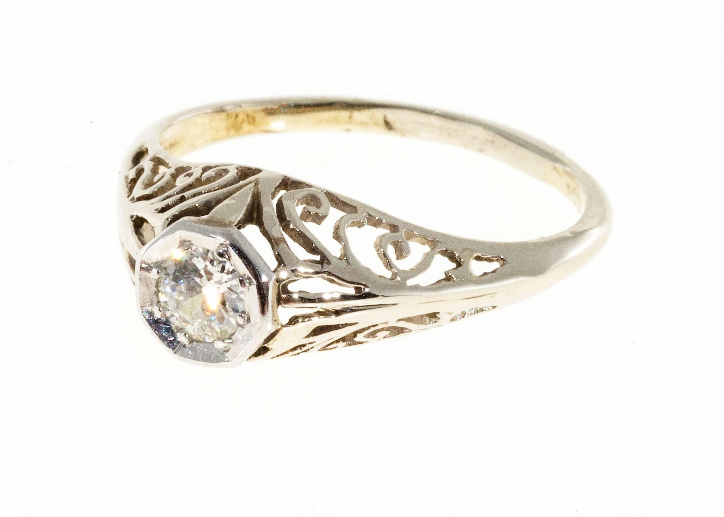 Old European Cut Art Deco Filigree Diamond Brilliant European Cut Gold Engagement Ring