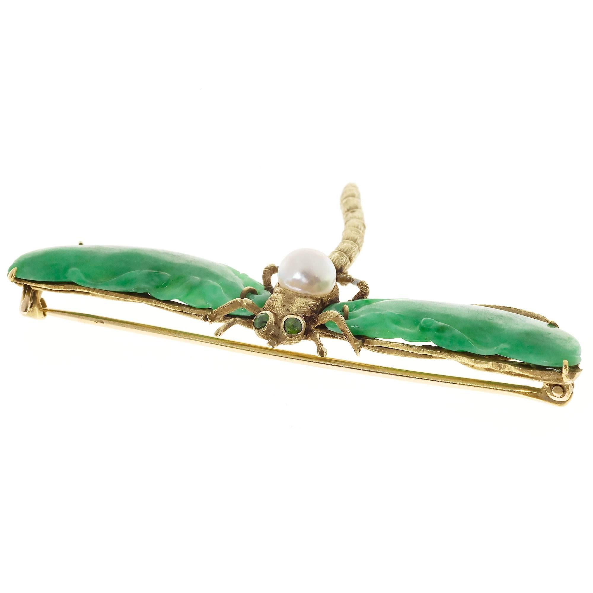 Natural Jadeite Jade Akoya Pearl Garnet Gold Dragonfly Pin In Good Condition In Stamford, CT