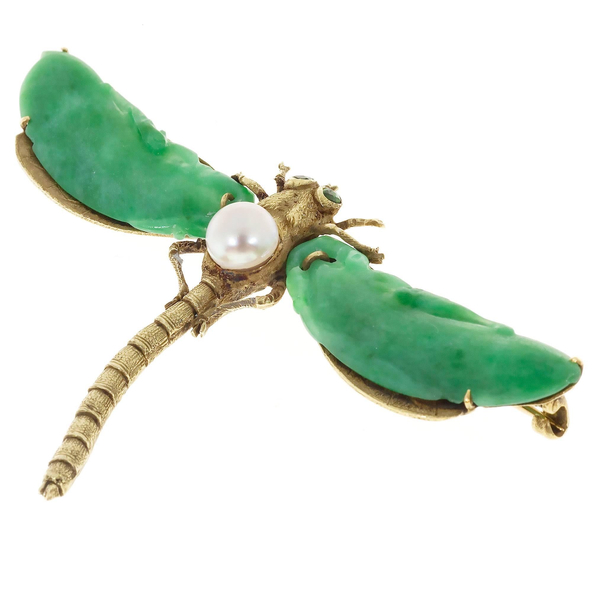 Women's Natural Jadeite Jade Akoya Pearl Garnet Gold Dragonfly Pin