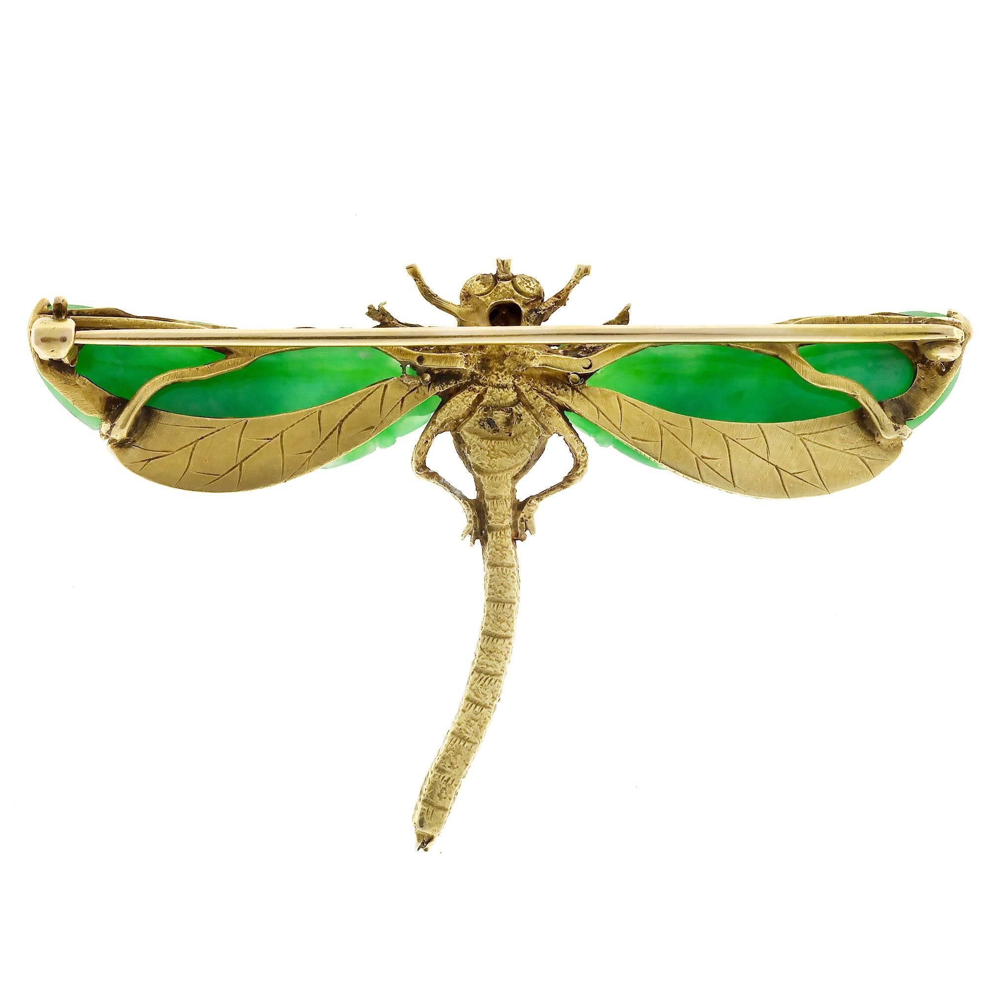 Natural Jadeite Jade Akoya Pearl Garnet Gold Dragonfly Pin 2
