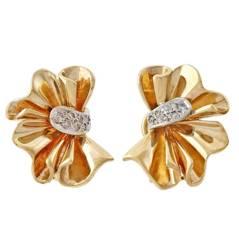 Diamond Fan Style Gold Earrings at 1stDibs