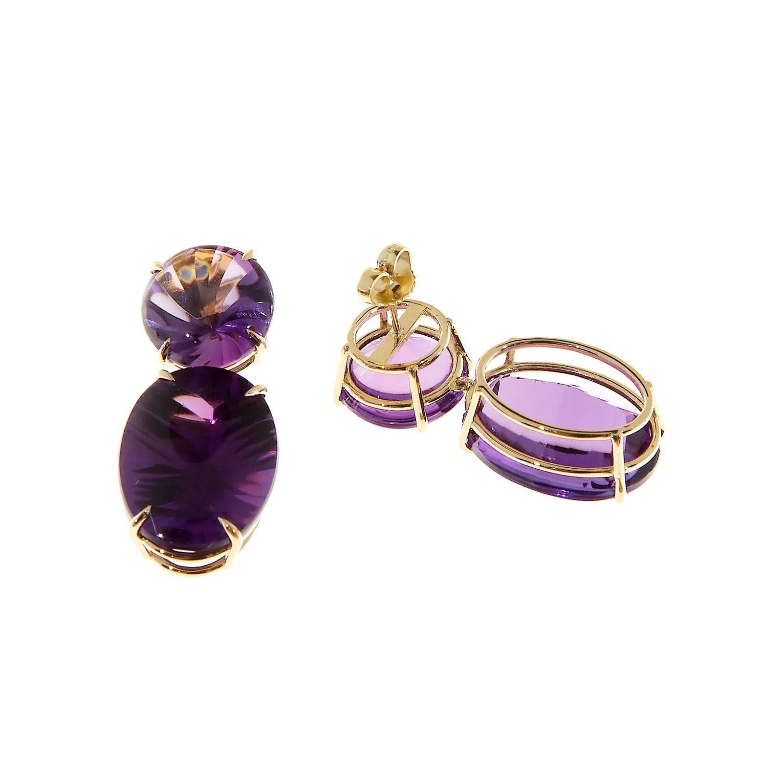 Peter Suchy Natural Purple Amethyst Fantasy Cut Gold Dangle Earrings In Good Condition In Stamford, CT