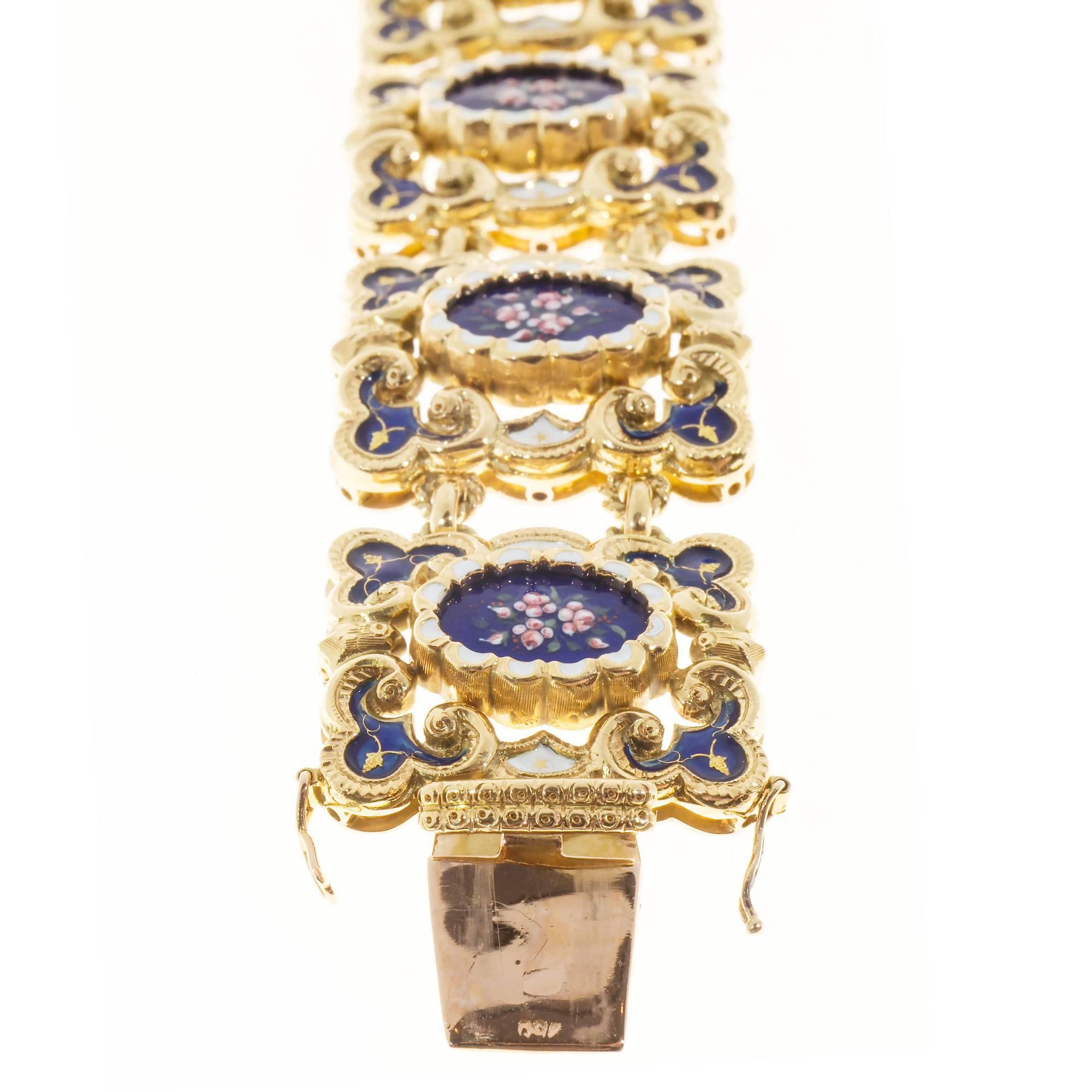 Blue and White Enamel Gold Floral Link Bracelet 1
