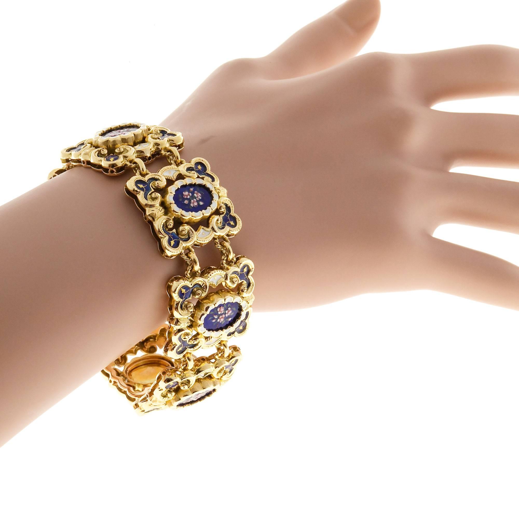 Blue and White Enamel Gold Floral Link Bracelet 3