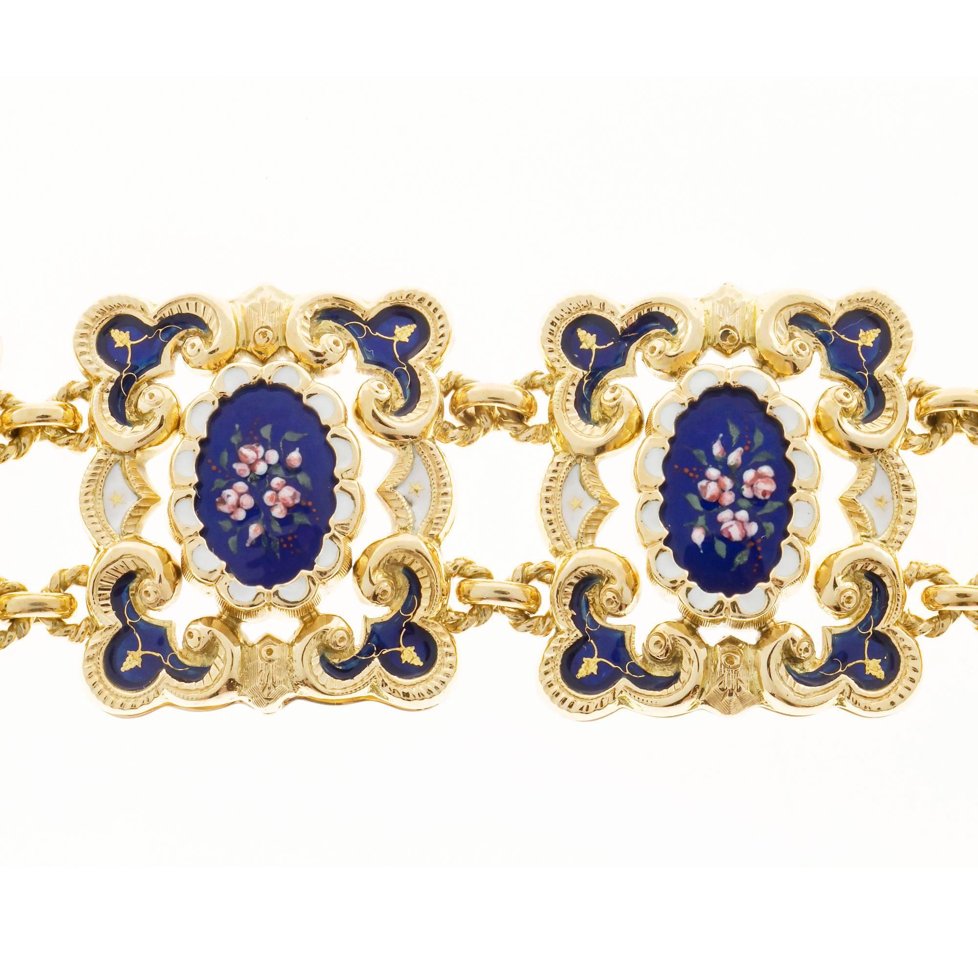 Blue and White Enamel Gold Floral Link Bracelet In Good Condition In Stamford, CT