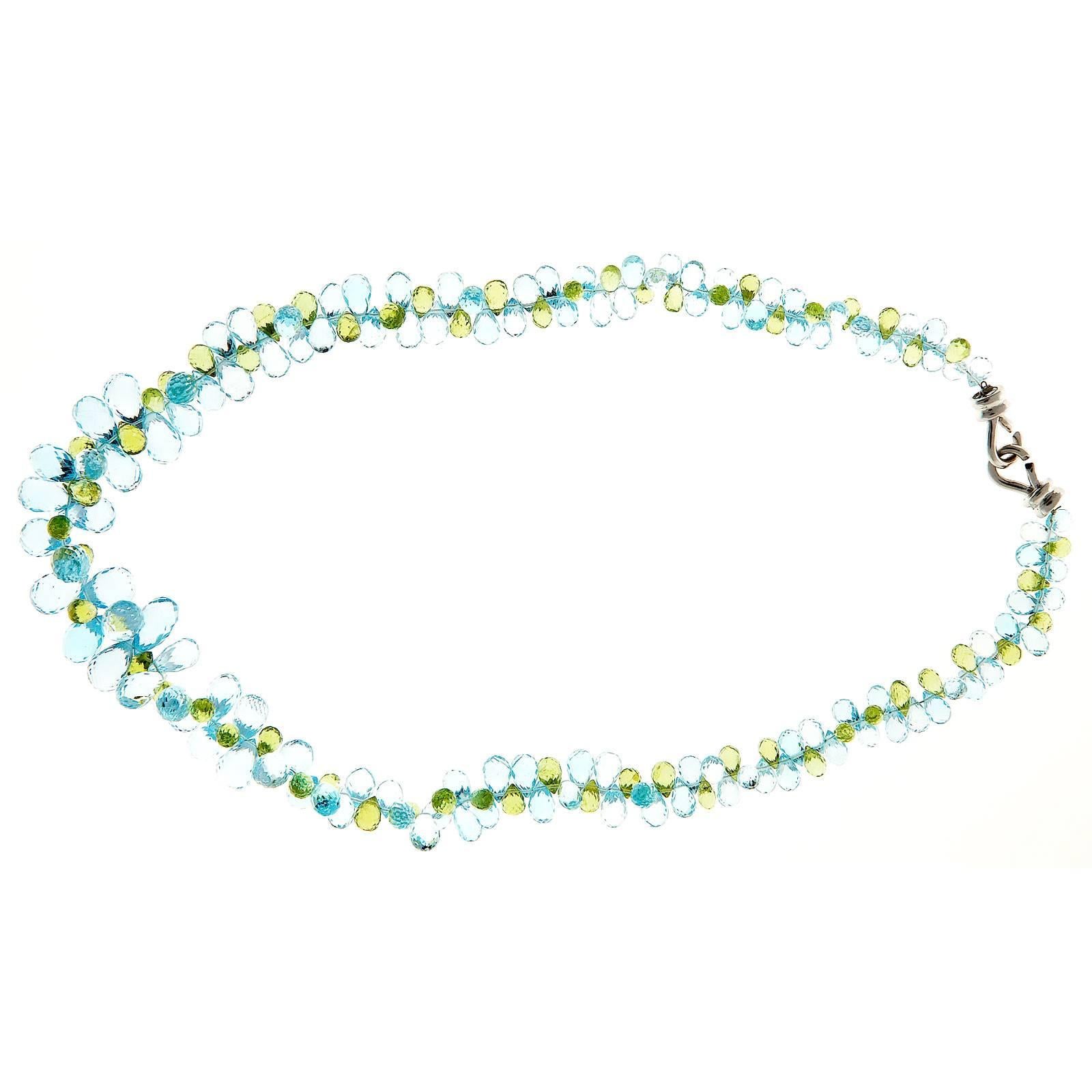 Blue Topaz Peridot Briolette Gold Necklace In Good Condition In Stamford, CT