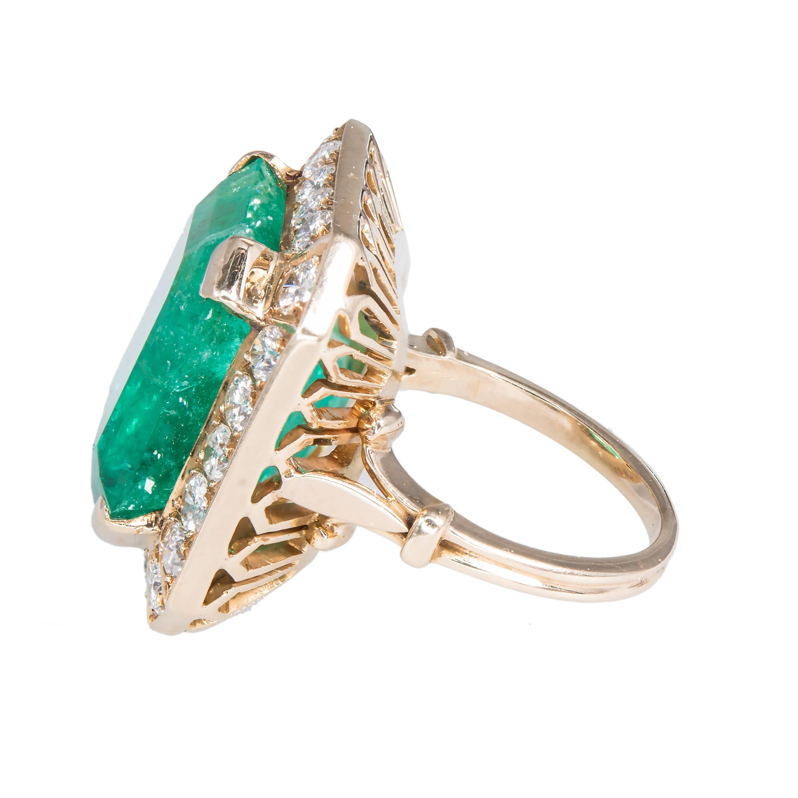 Emerald Cut GIA Certified 18.75 Carat Emerald Diamond Halo Gold Cocktail Ring