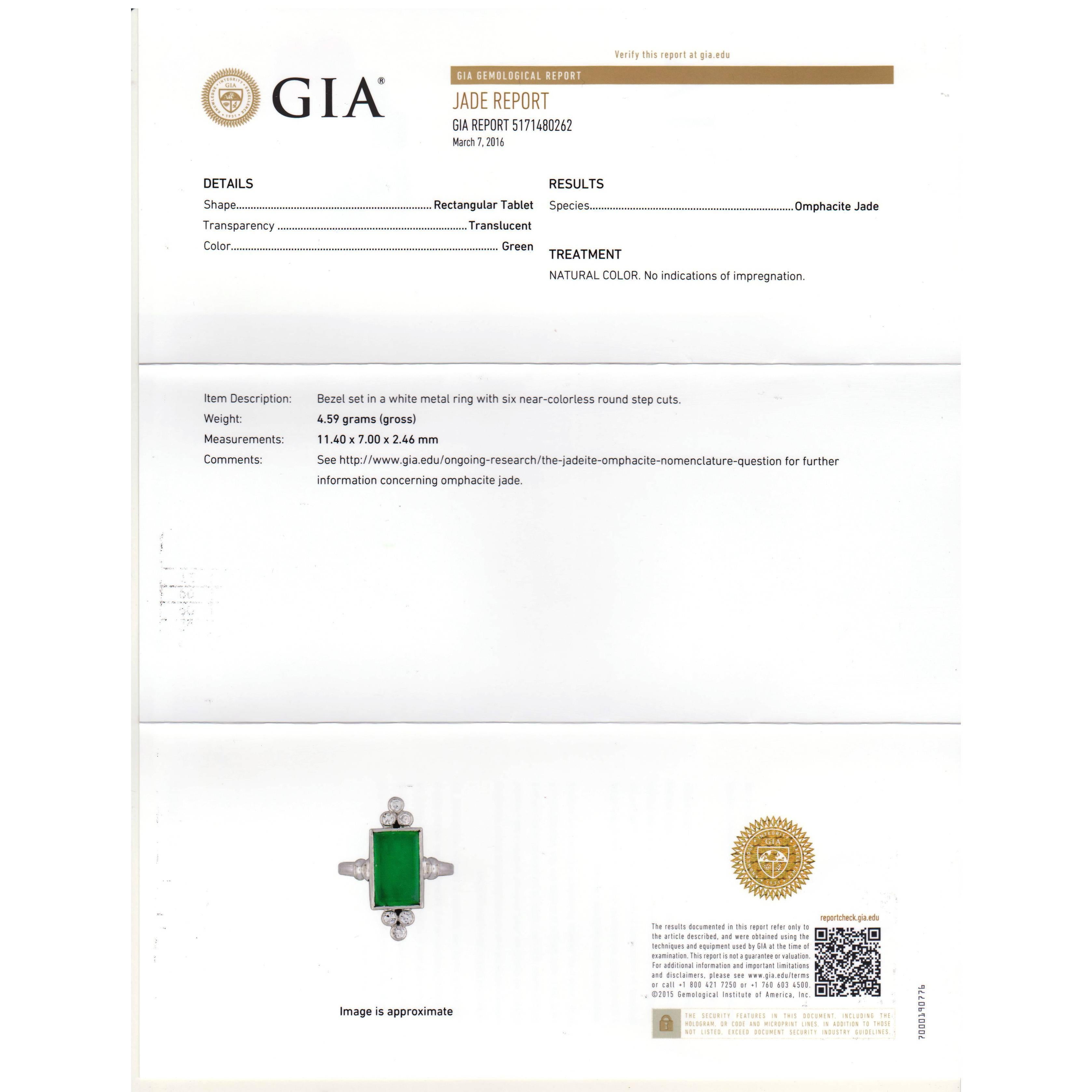 Uncut GIA Certified Omphacite Jadeite Jade Diamond Palladium Cocktail Ring For Sale