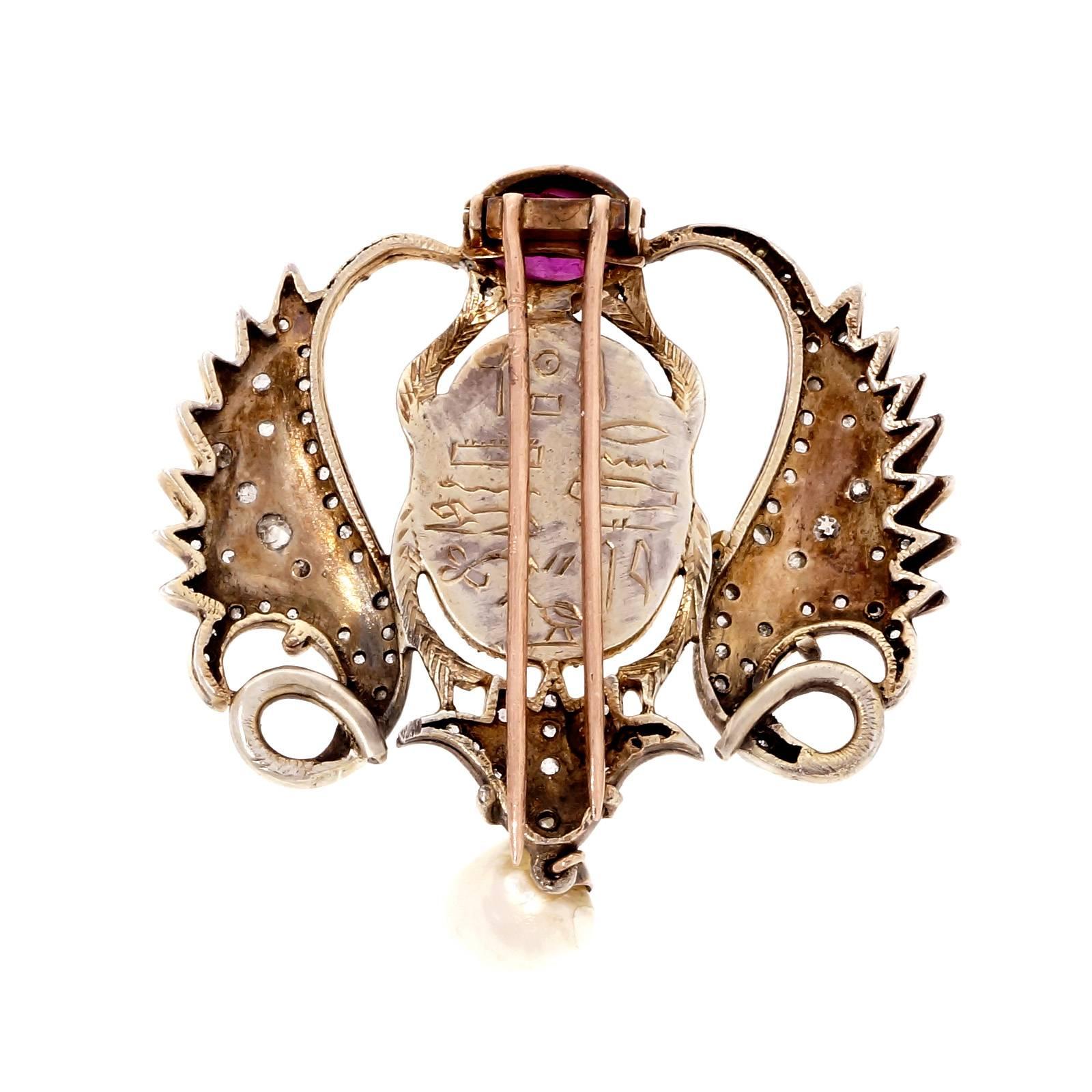 Egyptian Revival Pearl Ruby Sapphire Diamond Silver Gold Beetle Pin  1