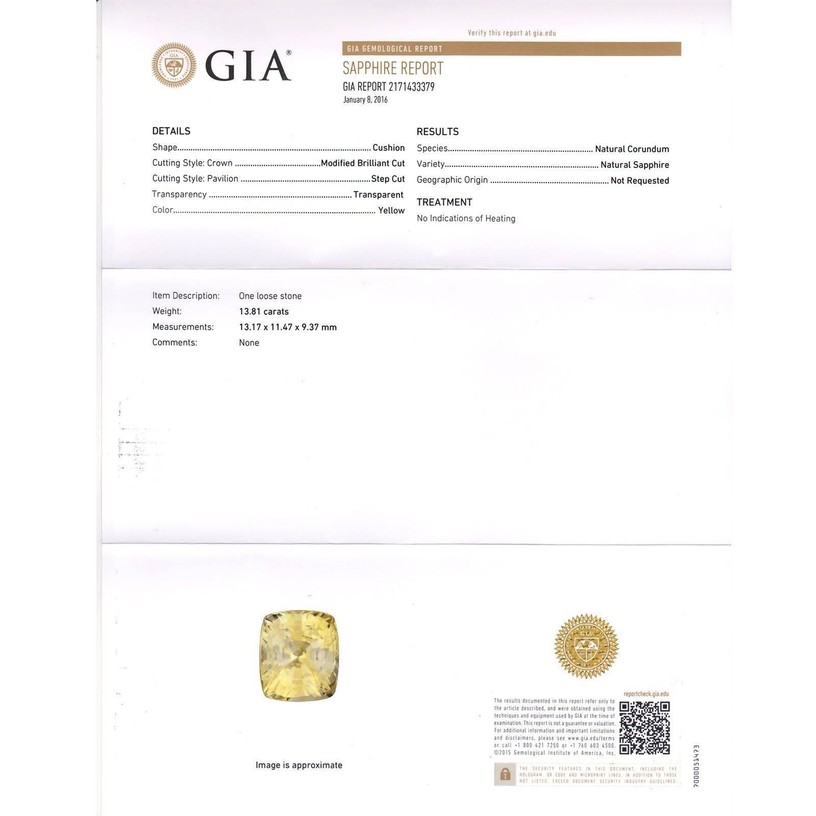 Cushion Cut GIA Certified 13.81 Carat Yellow Sapphire Diamond Gold Platinum Cocktail Ring For Sale