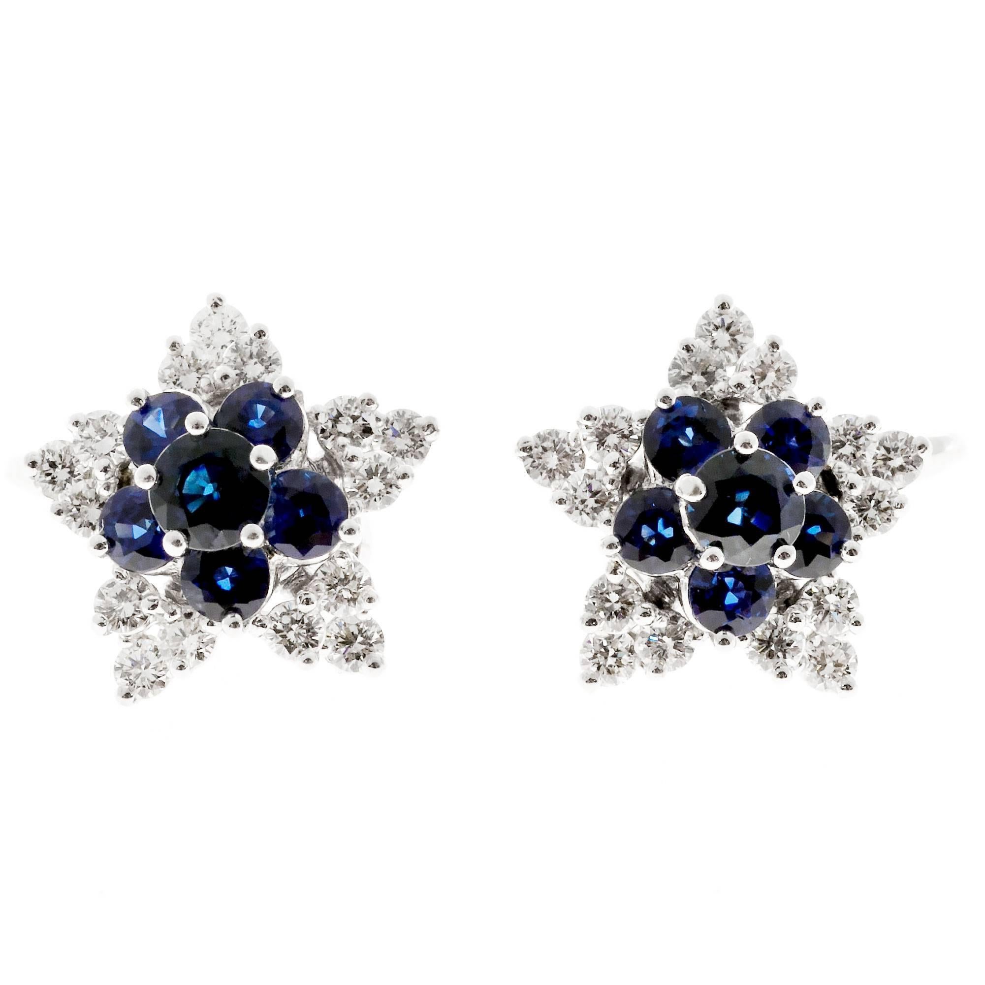 Domed clip post 18k white gold bright white Ideal cut diamond and top gem blue Sapphire earrings. GIA certificate # 5151581966

2 bright blue round Sapphires, approx. total weight .82cts, 4.4mm natural color simple heat only.
30 Ideal full cut