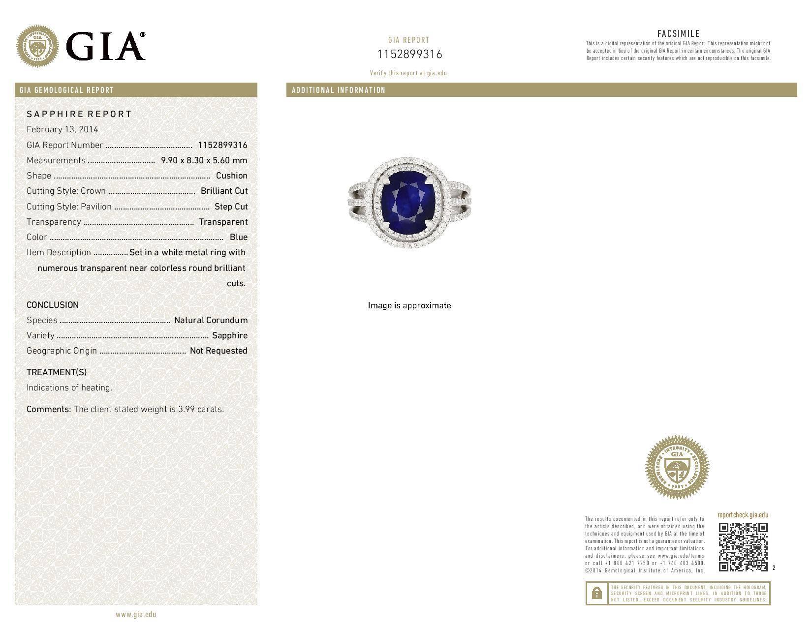GIA Certified 3.99 Carat Royal Blue Sapphire Diamond Double Halo Engagement Ring In Excellent Condition In Stamford, CT