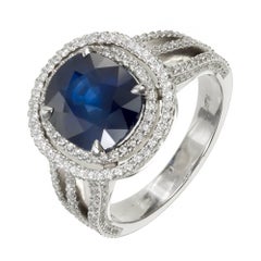 GIA Certified 3.99 Carat Royal Blue Sapphire Diamond Double Halo Engagement Ring