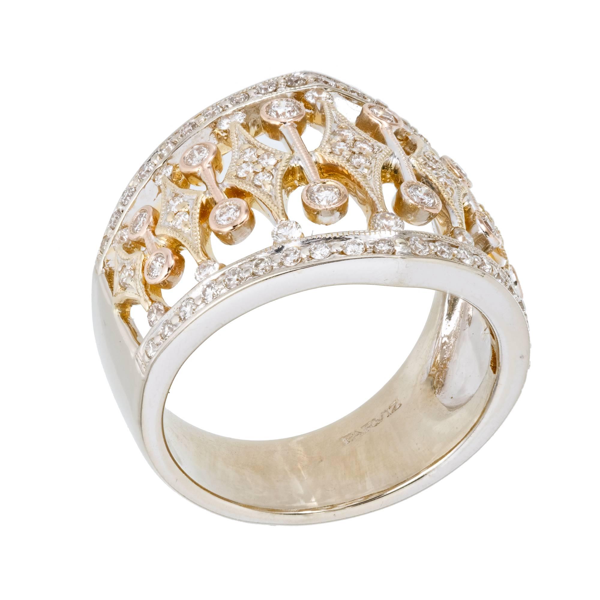Round Cut Parviz .70 Carat Diamond Tri Color Gold Wide Band Ring For Sale