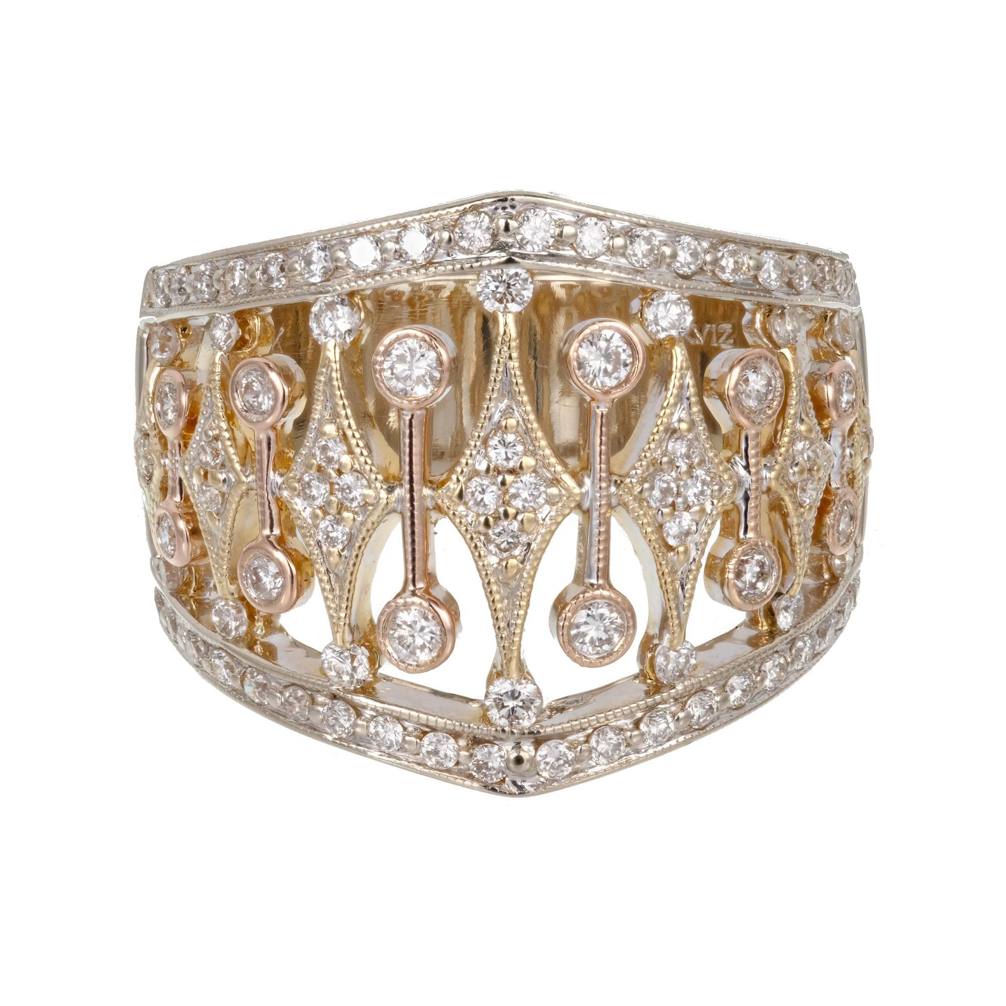 Parviz .70 Carat Diamond Tri Color Gold Wide Band Ring For Sale
