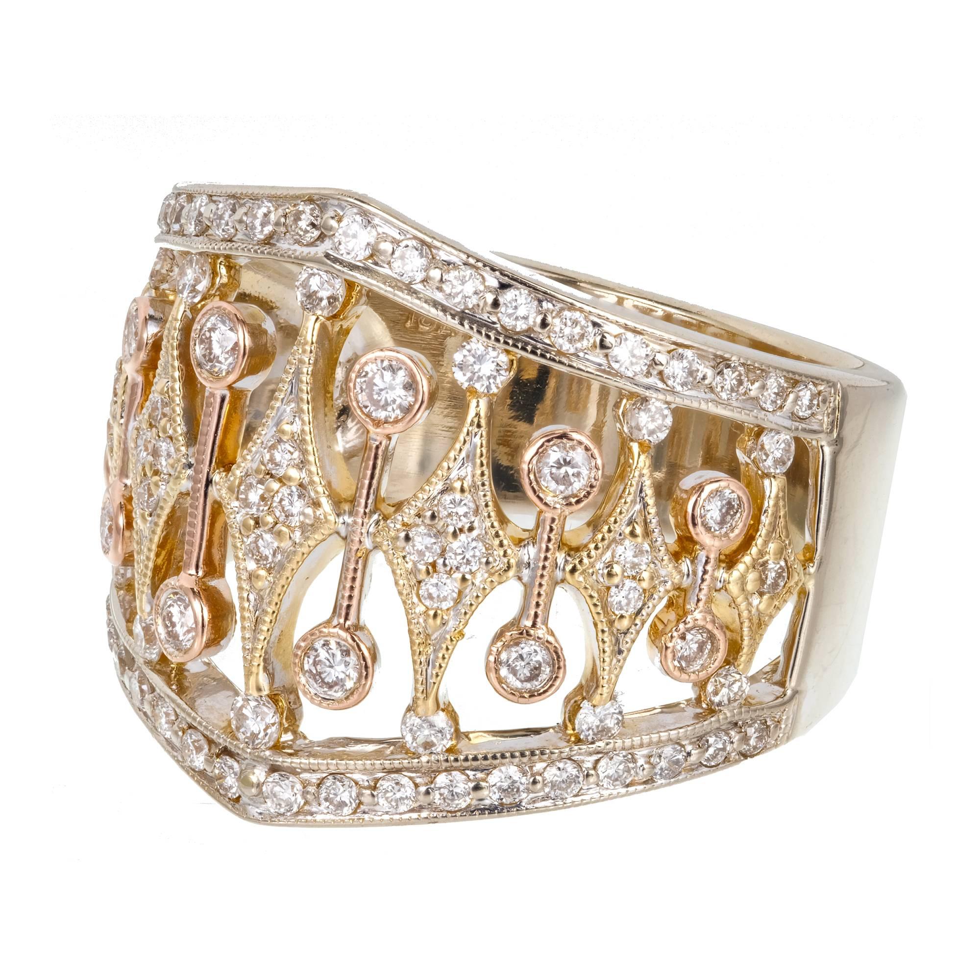 Wide Diamond flat Parviz ring with white gold shank. The top is white gold on the sides with yellow gold diamond shapes and Rose gold round tubes. 

85 full cut diamonds, approx. total weight .70cts, G, VS1 to SI1 
10.4 grams 
Size 7 and