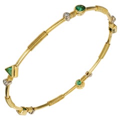 Artisanal Emerald Diamond Yellow Gold Bangle Bracelet
