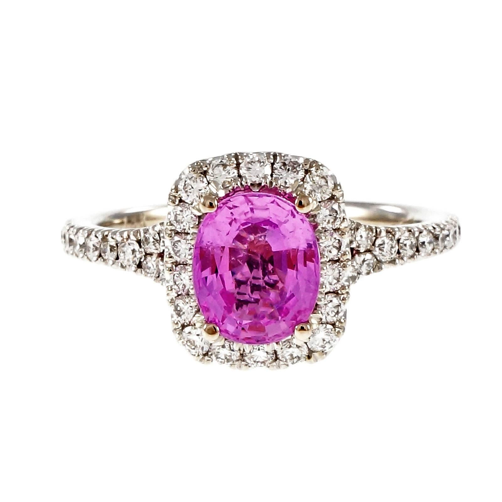 Peter Suchy 1.58 Carat Hot Pink Sapphire Diamond Halo Gold Engagement Ring 