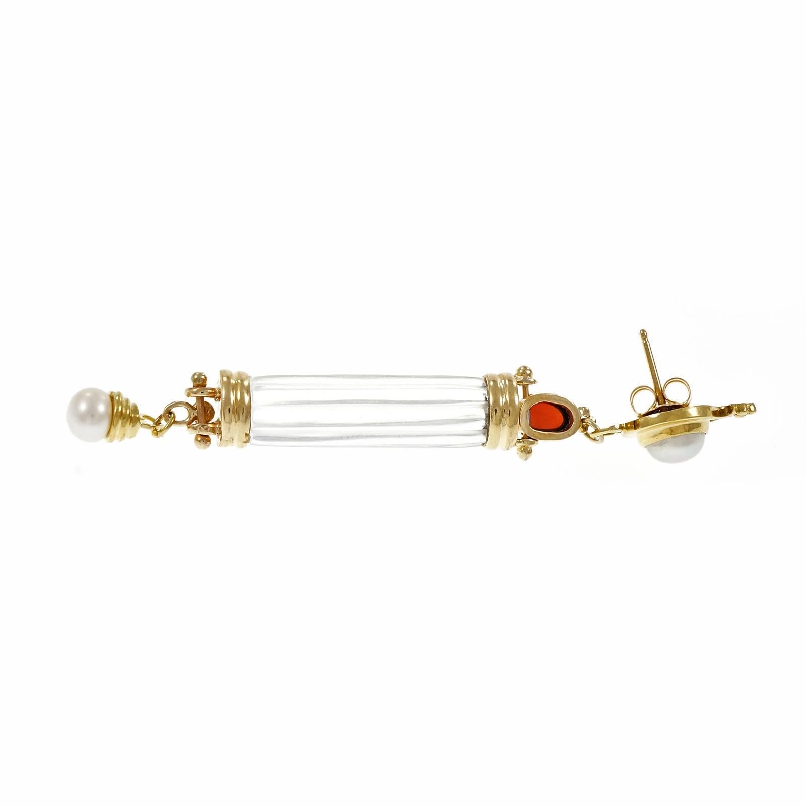 Women's Quartz Crystal Pearl Garnet Gold Cylinder Dangle Earrings  