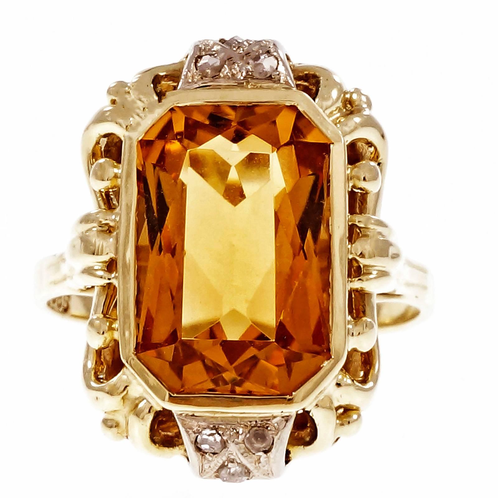 Octagonal Orange Citrine Diamond Gold Ring