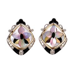 Asch Grossbardt Onyx Mother of Pearl Diamond Gold Earrings