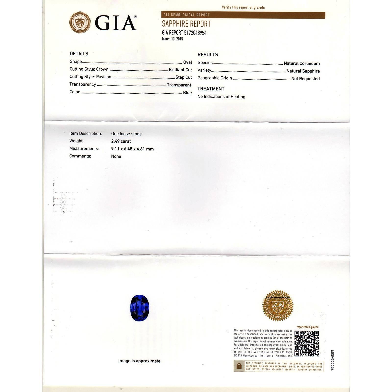 Oval Cut GIA 2.94 Carat Sapphire Sapphire Diamond Platinum Three-Stone Engagement Ring For Sale