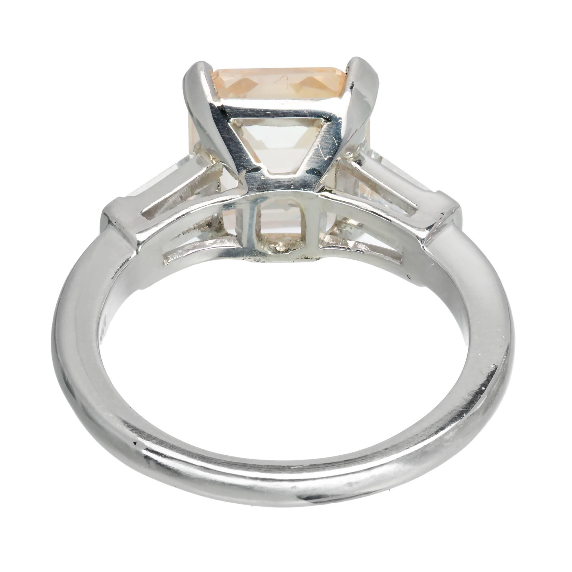 Women's  6.04 Carat Orange Yellow Emerald Cut Sapphire Diamond Platinum Engagement Ring For Sale