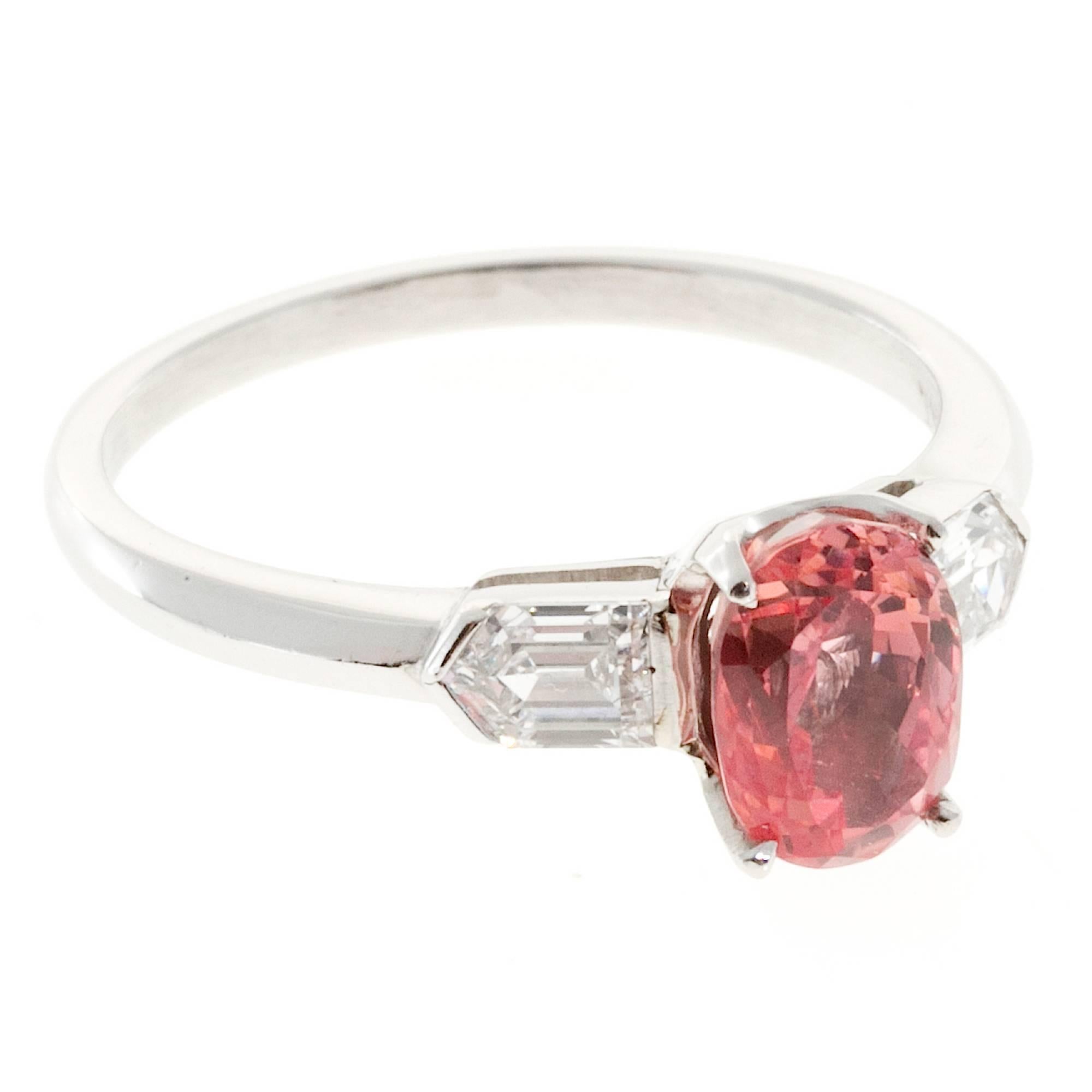 Art Deco Platinum ring with bullet step cut side diamonds. Natural untreated Padparadscha pinkish orange Sapphire of original old European oval cut. 

2.14ct natural no heat Padparadscha Sapphire pinkish orange 7.94 x 5.81 x 4.92mm. AGL certified#