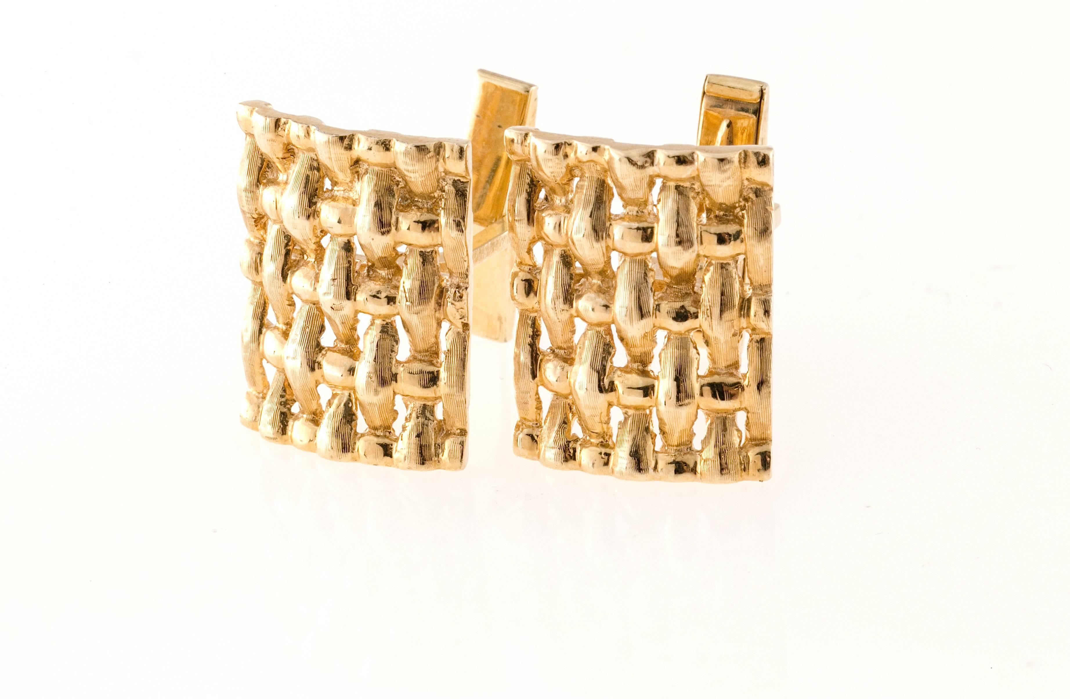 Men's Solid Domed Textured Woven Gold Cufflinks