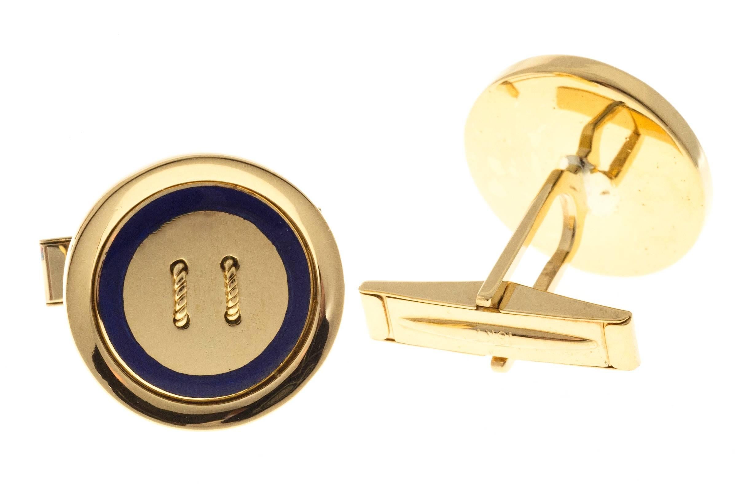 Men's Blue Enamel Button Style Gold Cufflinks For Sale