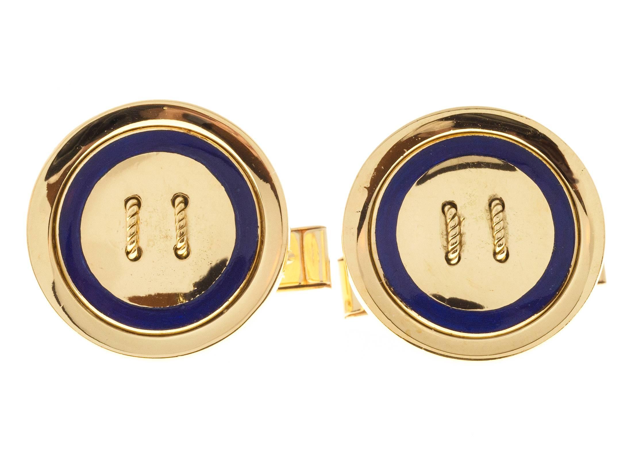 Blue Enamel Button Style Gold Cufflinks For Sale 1