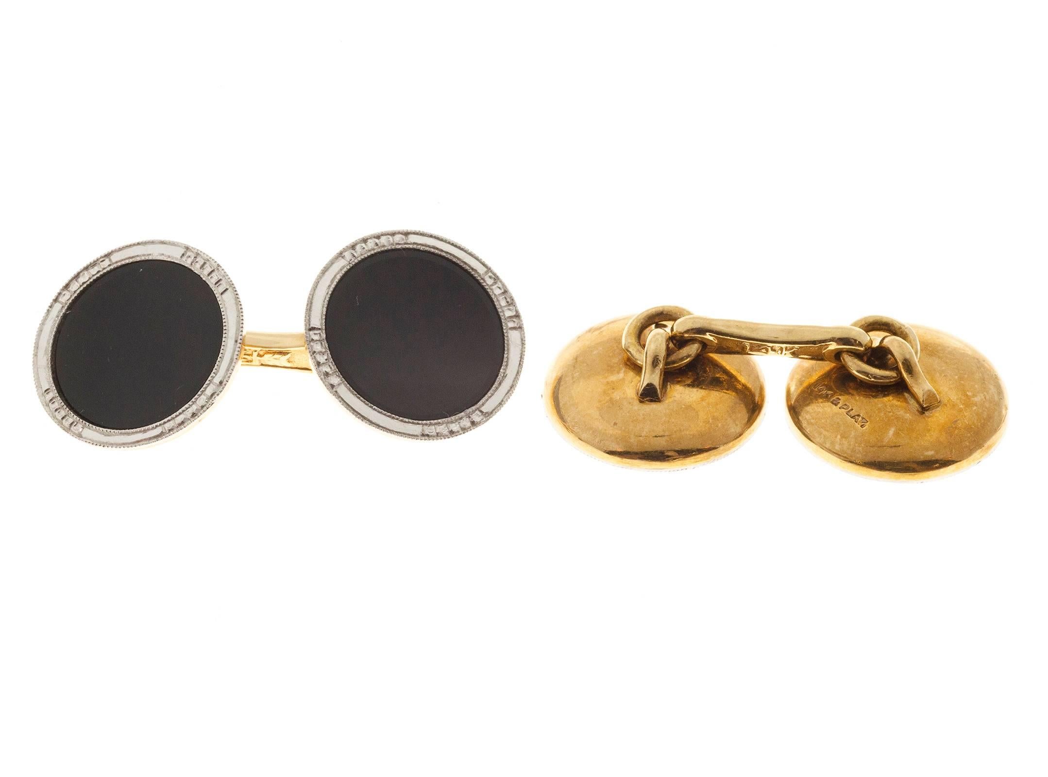 Art Deco Onyx Concave Double Sided Gold Platinum Cufflinks In Good Condition For Sale In Stamford, CT