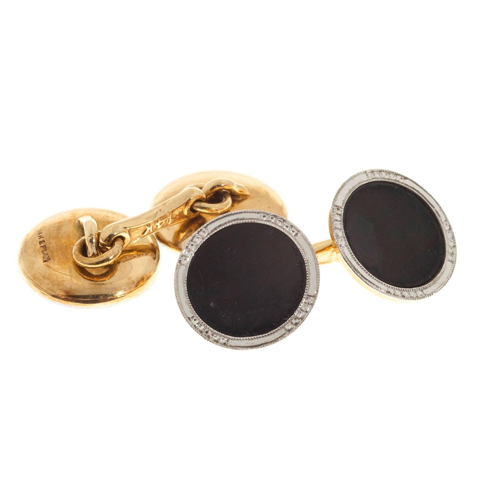 Men's Art Deco Onyx Concave Double Sided Gold Platinum Cufflinks For Sale