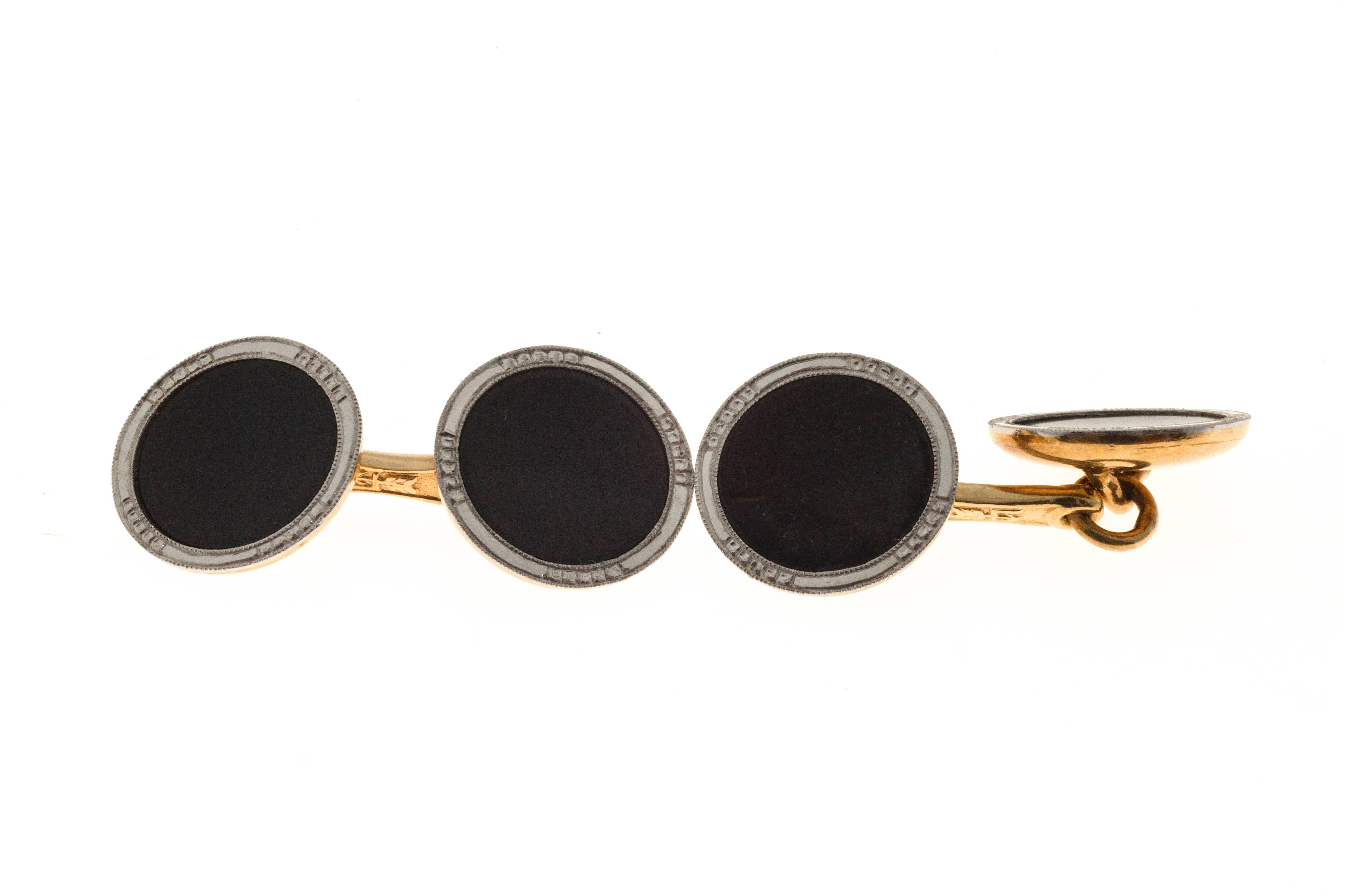Art Deco Onyx Concave Double Sided Gold Platinum Cufflinks For Sale 2