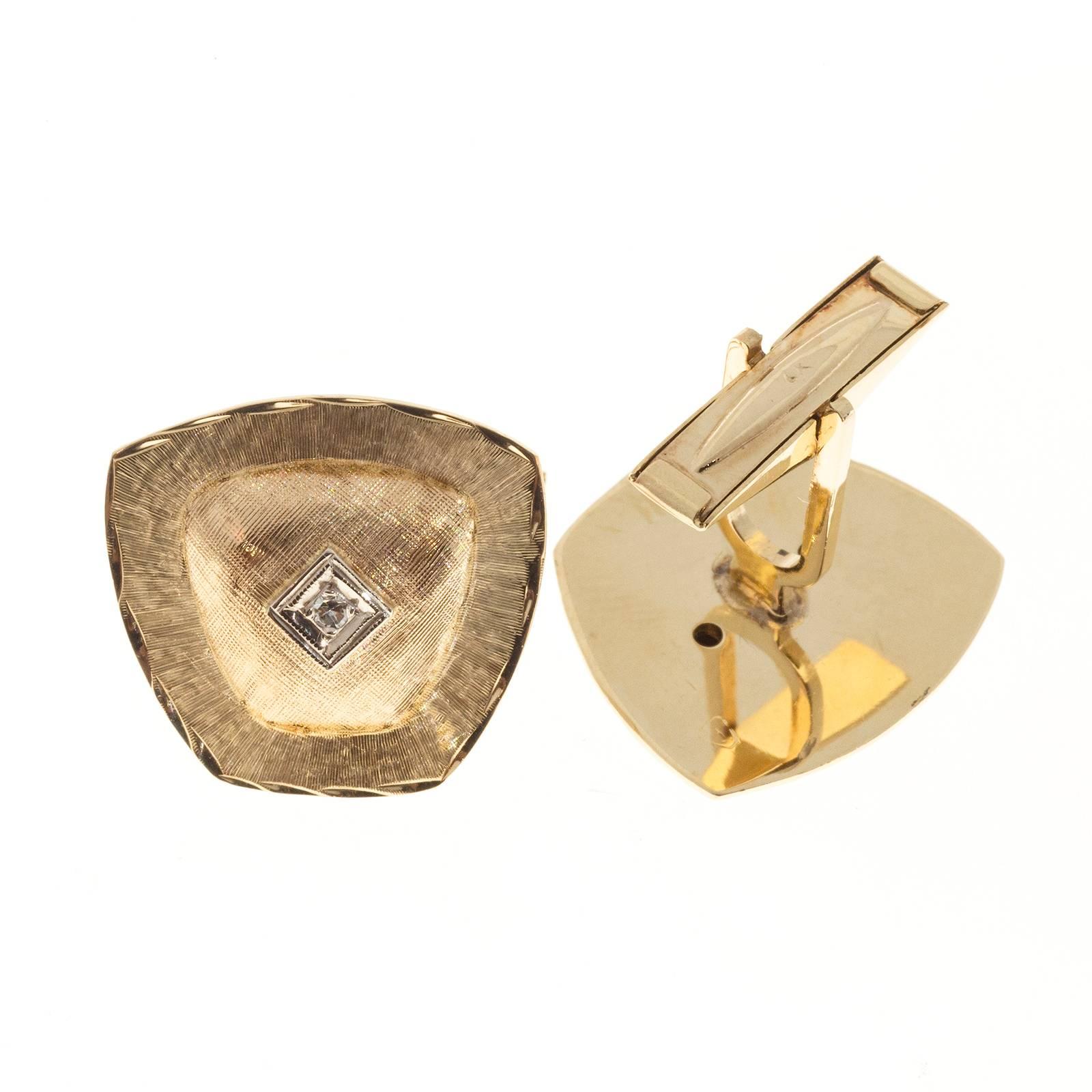 Men's Shield Shaped Diamond Florentine Gold Cufflinks