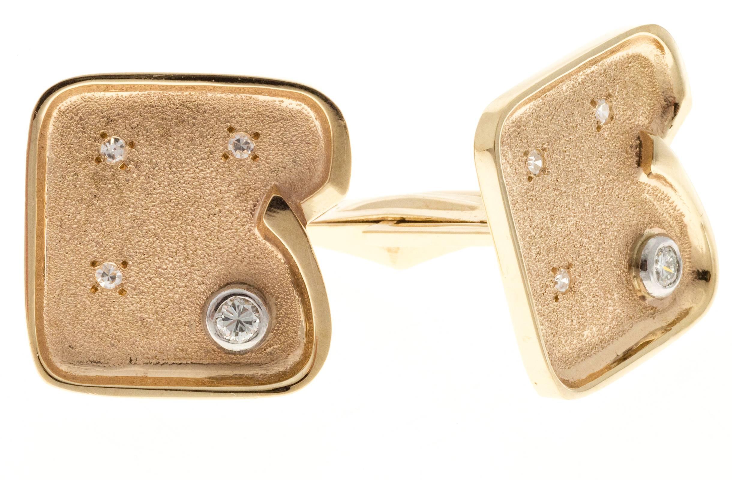 1960s Diamond Gold Textured Cufflinks In Good Condition For Sale In Stamford, CT