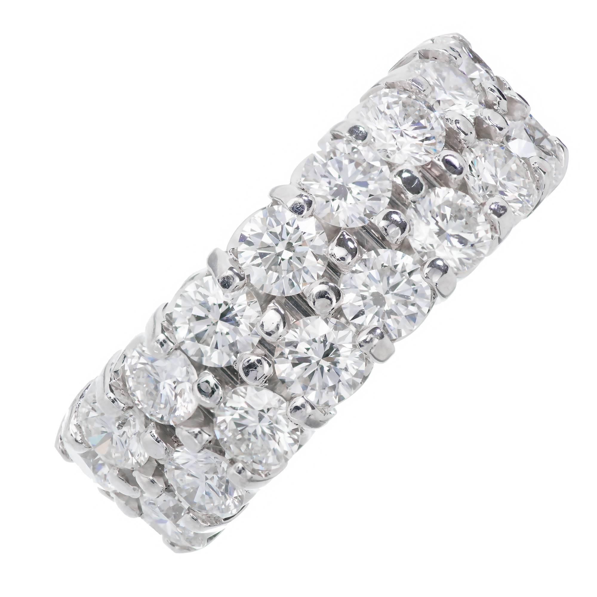 Diamond Two row eternity wedding band ring. Common prong tightly set with super bright white sparkly diamonds, set in platinum. 

36 round Ideal round brilliant cut diamonds, approx. total weight 6.48cts, F-G, VS1
Size 7- and not sizable
16.2