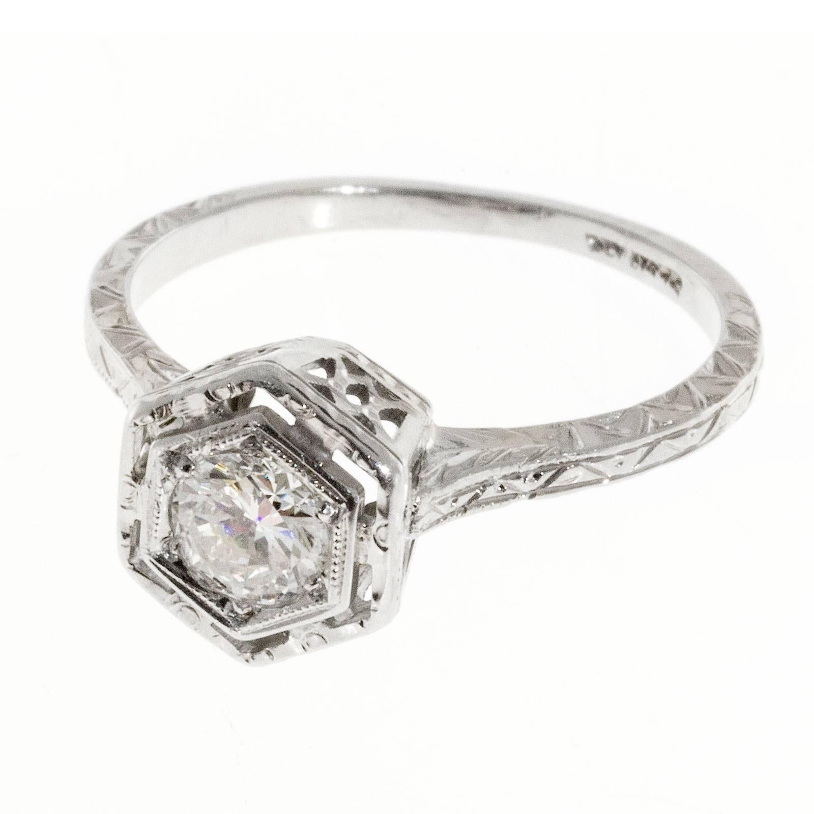Art Deco Diamond Transitional Cut Filigree Gold Engagement Ring