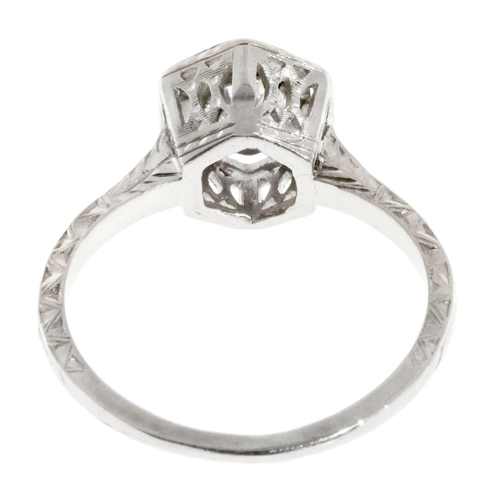 Women's Art Deco Diamond Transitional Cut Filigree Gold Engagement Ring For Sale