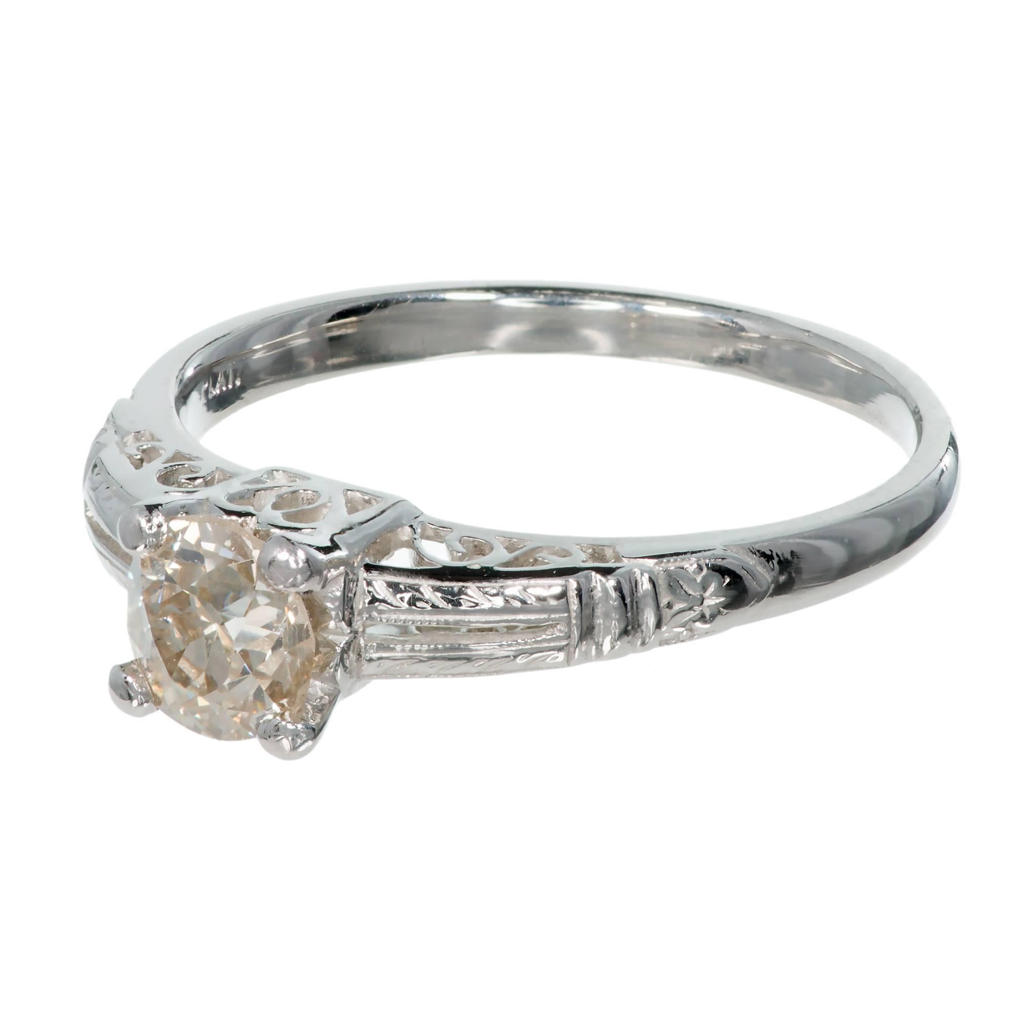 57 Karat Hellbrauner Diamant-Verlobungsring aus Platin im Art déco-Stil (Alteuropäischer Schliff) im Angebot