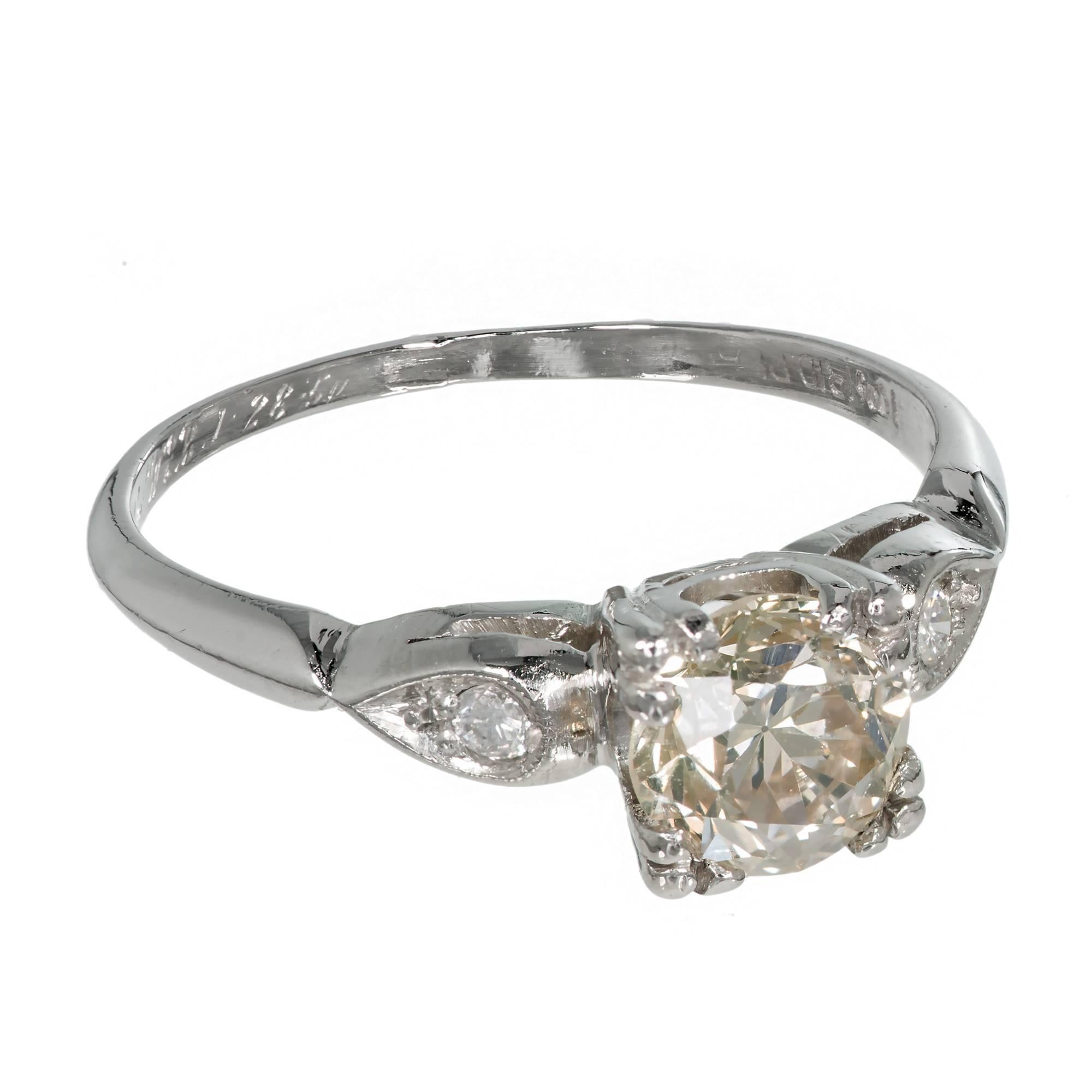 Art Deco Natural Yellow Diamond 3 Stone Platinum Ring For Sale