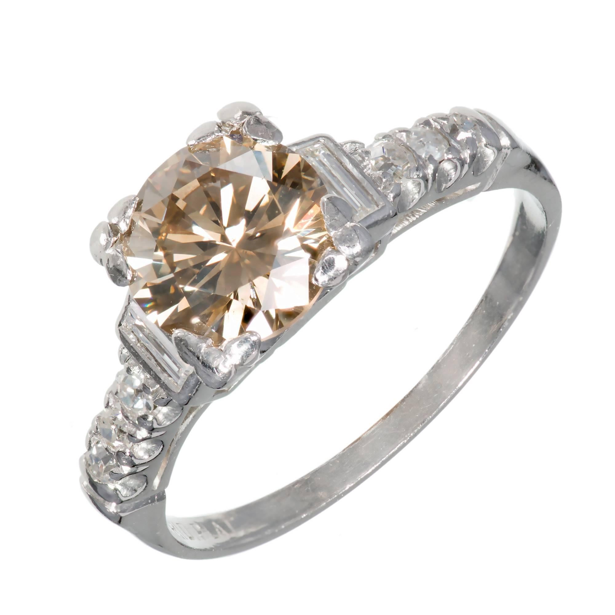 1.35 Carat Art Deco Transitional Cut Brown Diamond Platinum Engagement Ring For Sale