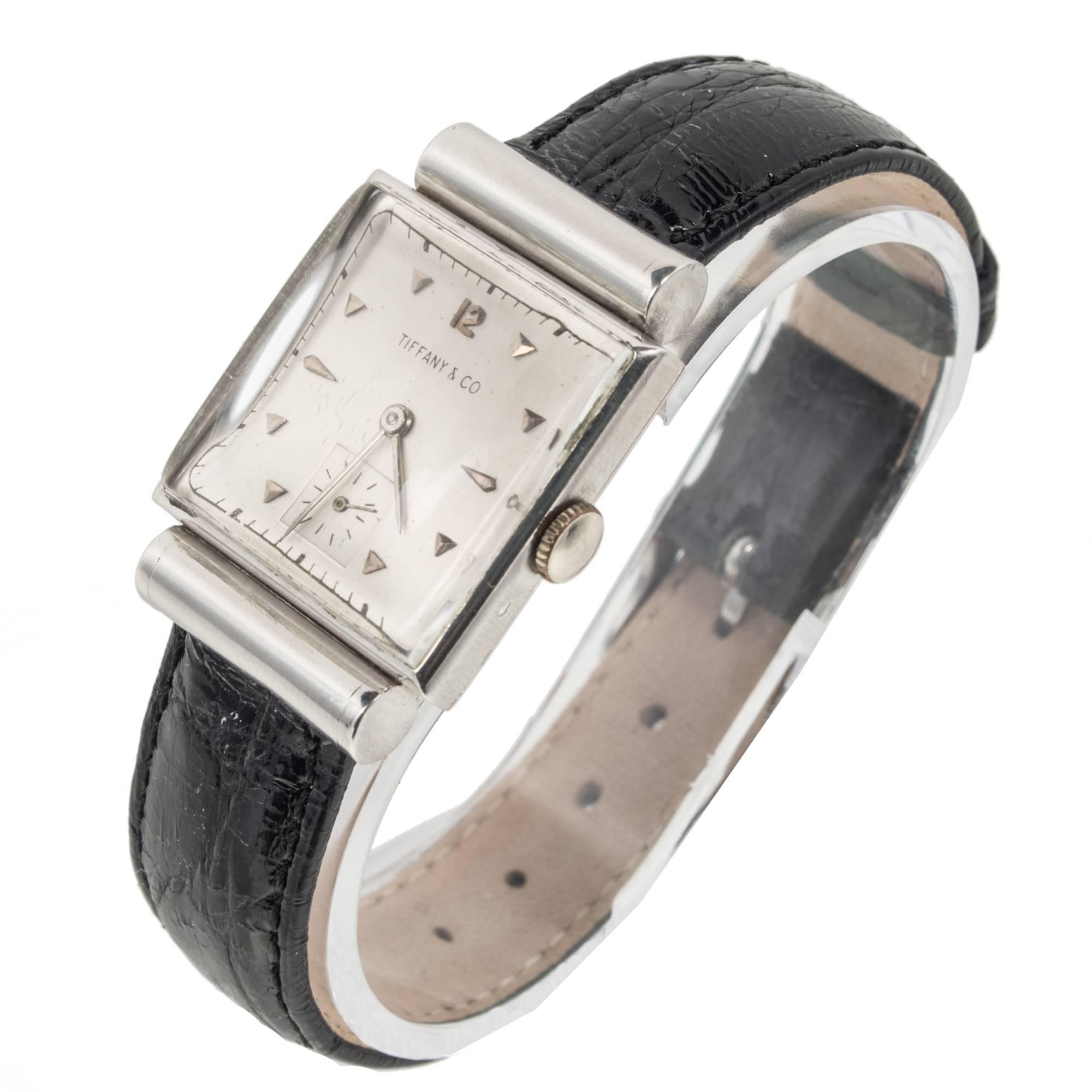 Movado Platinum Square Wristwatch with Hooded Lugs Retailed by Tiffany & Co In Good Condition For Sale In Stamford, CT