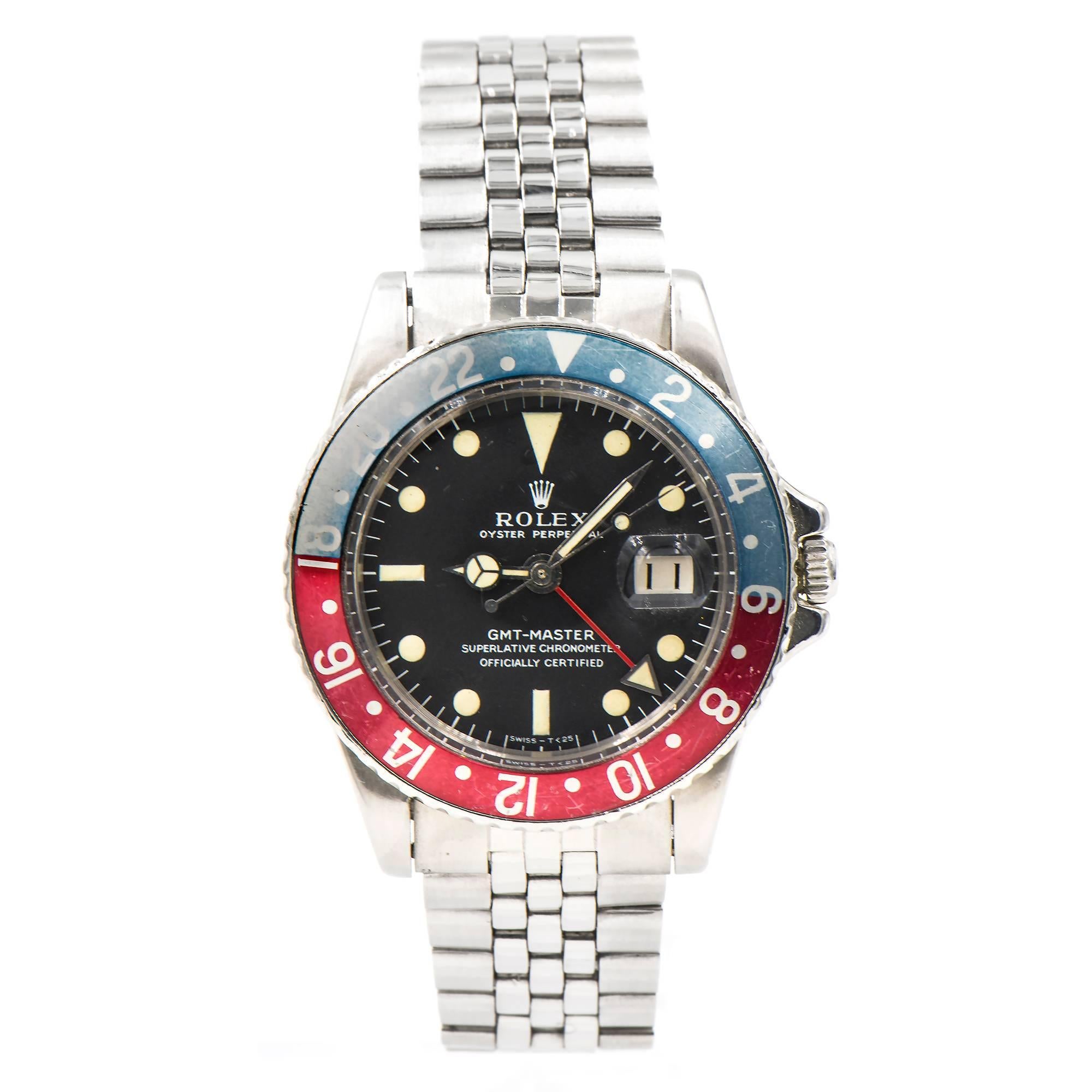 Rolex stainless steel GMT-Master wristwatch, Ref. 1675, with so-called Pepsi red and blue bezel, circa 1967, band circa 1966 (this is not at all unusual for dates on Rolex parts to not line up perfectly).

Stainless Steel
Width without crown: