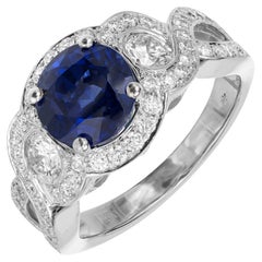 GIA Certified 2.91 Carat Round Sapphire Diamond Swirl Halo Gold Engagement Ring