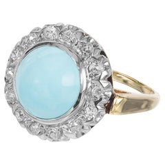 GIA Certified Persian Cabochon Turquoise Diamond Halo Gold Cocktail Ring