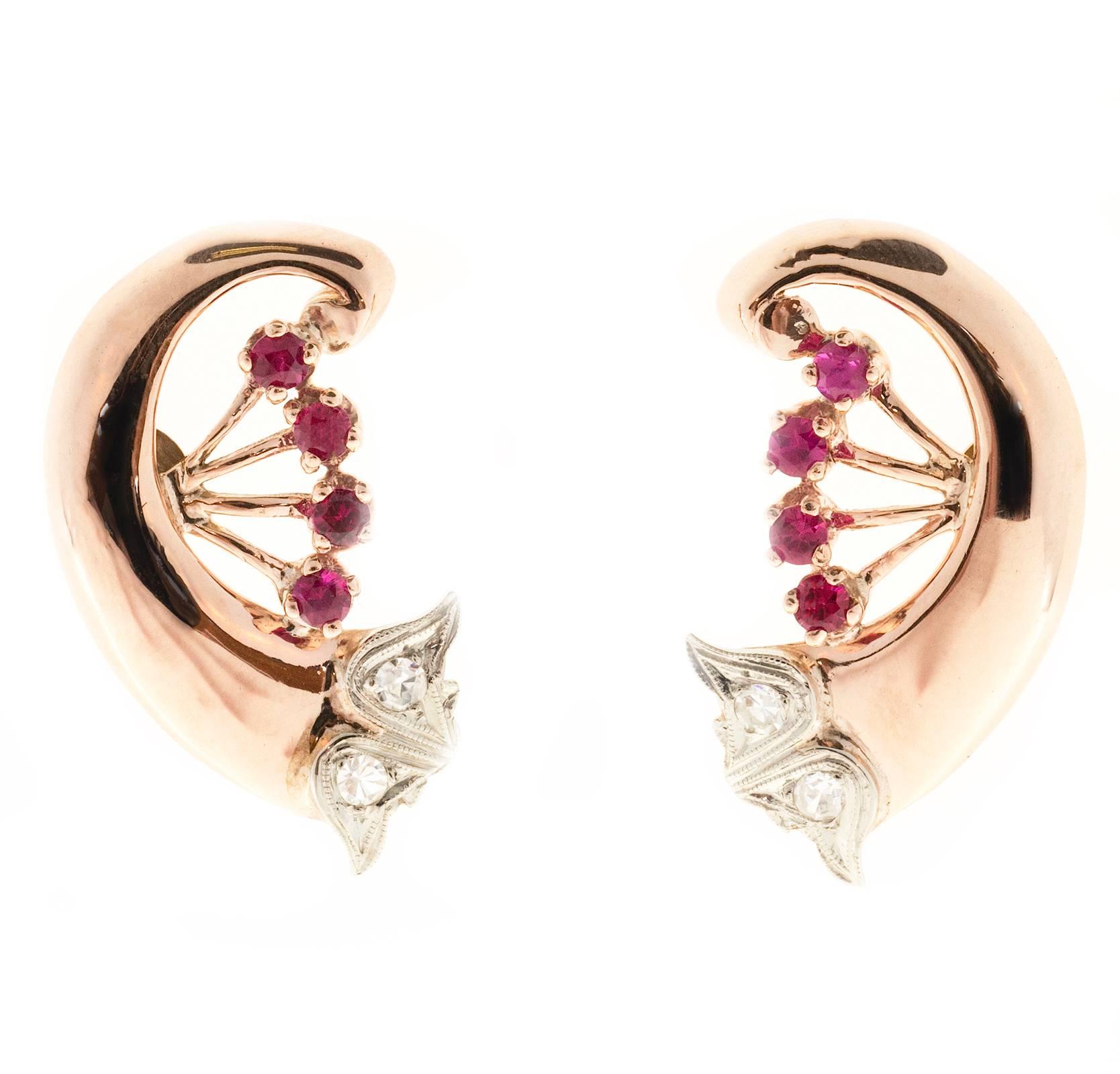 Art Deco Ruby Diamond Rose White Gold Swirl Earrings For Sale